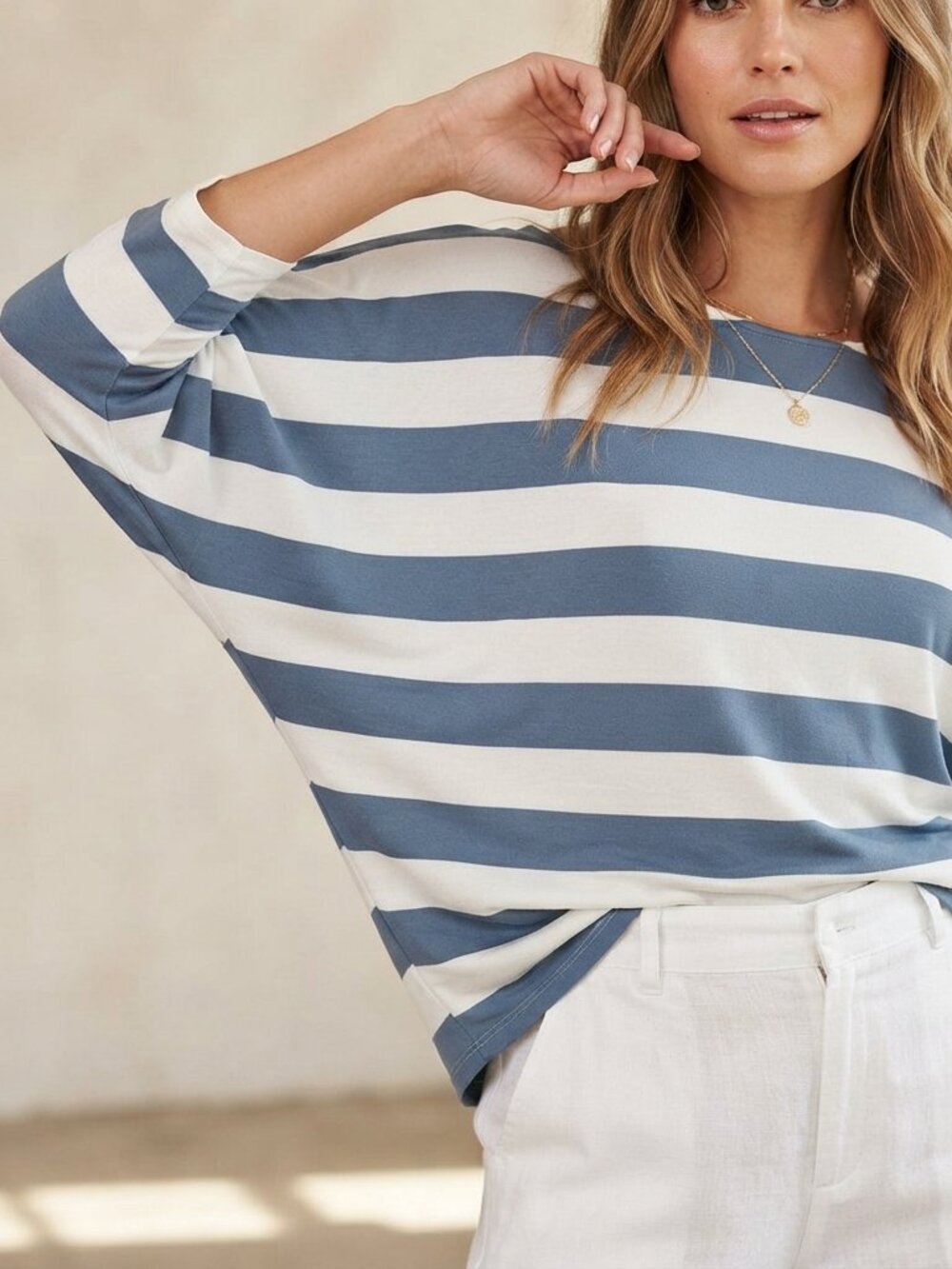 Bobeau Womens Striped Oversized Top Blue White Batwing 3/4 Sleeve 2X Resortwear